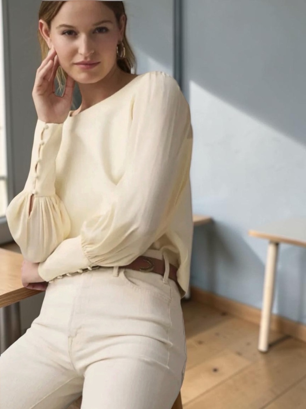 By Anthropologie Silky Balloon-Sleeve Ivory Top Satin Bishop Sleeves | small